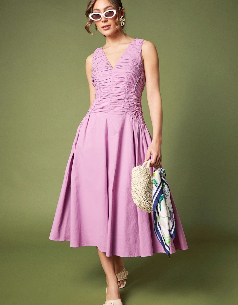 Sleeveless Pleated Bodice Midi Dress