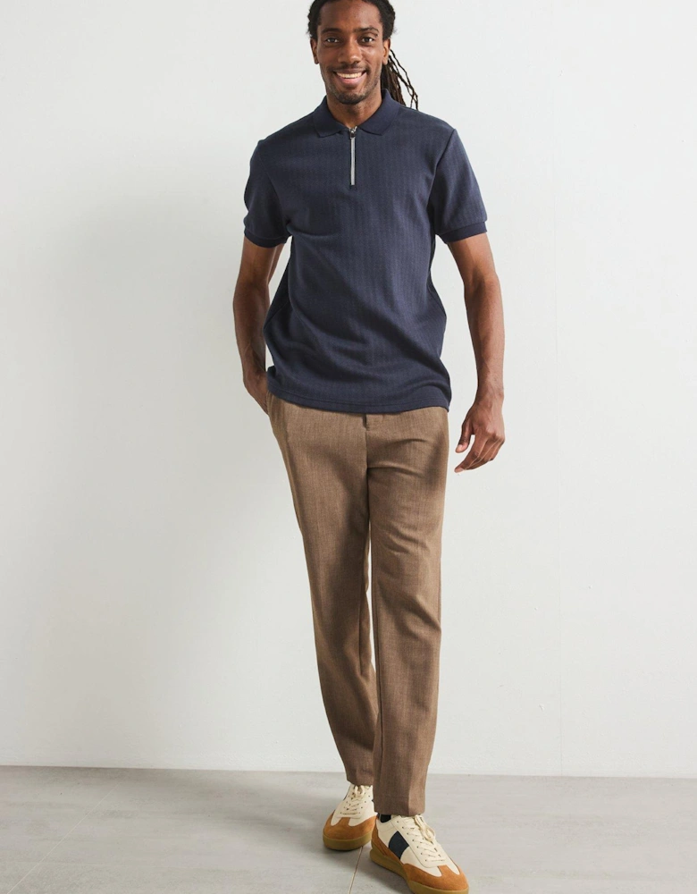 Jacquard Zip Neck Polo Top - Navy