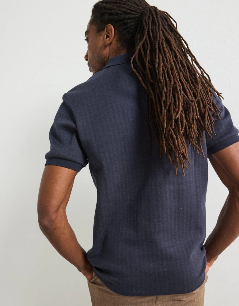Jacquard Zip Neck Polo Top - Navy