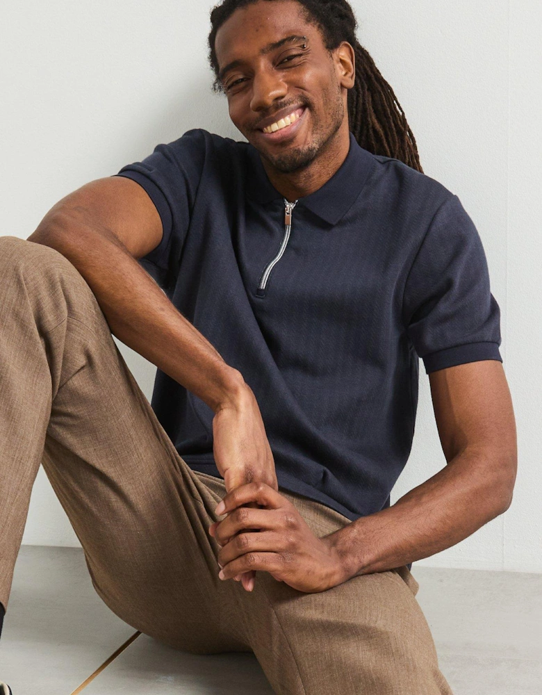 Jacquard Zip Neck Polo Top - Navy