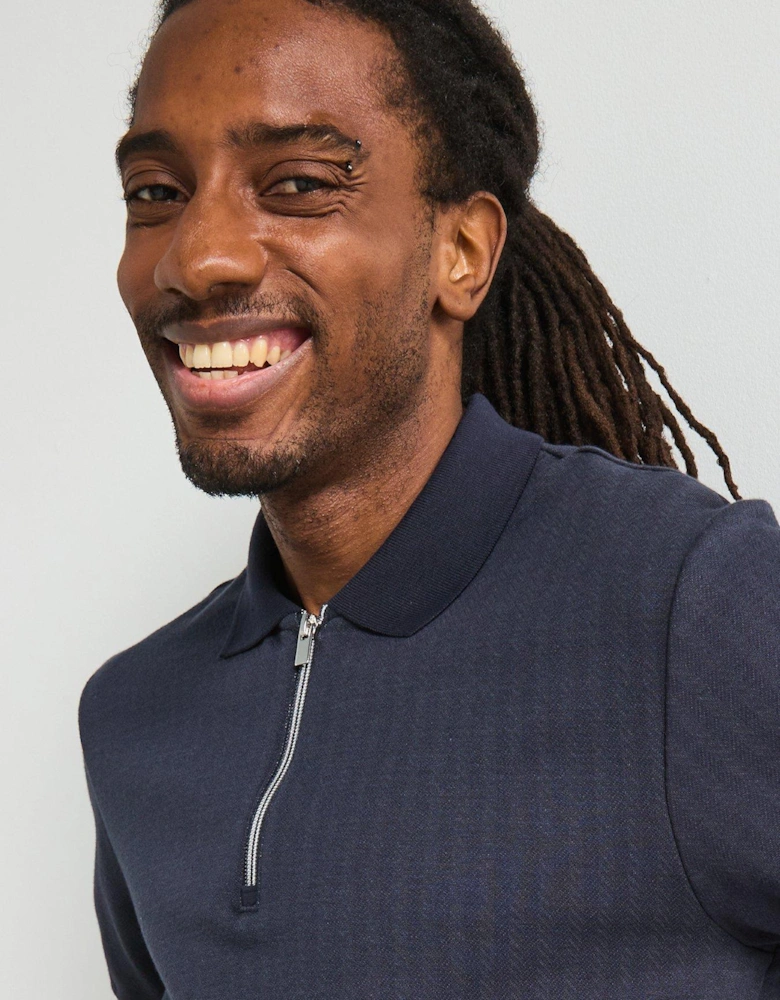 Jacquard Zip Neck Polo Top - Navy
