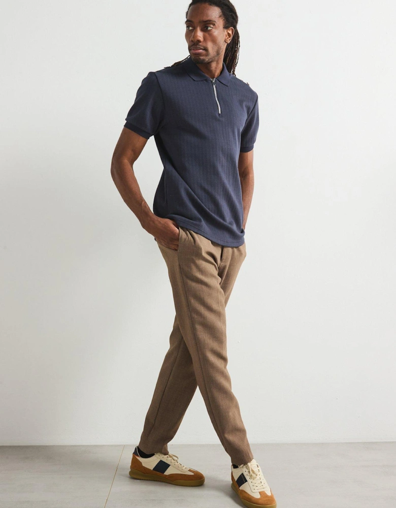 Jacquard Zip Neck Polo Top - Navy