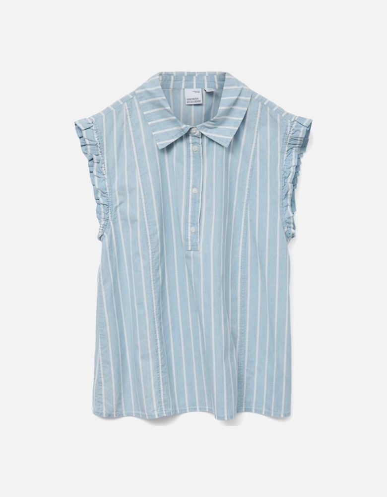 Joan Sleeveless Frill Chambray Top Light Blue/Denim White