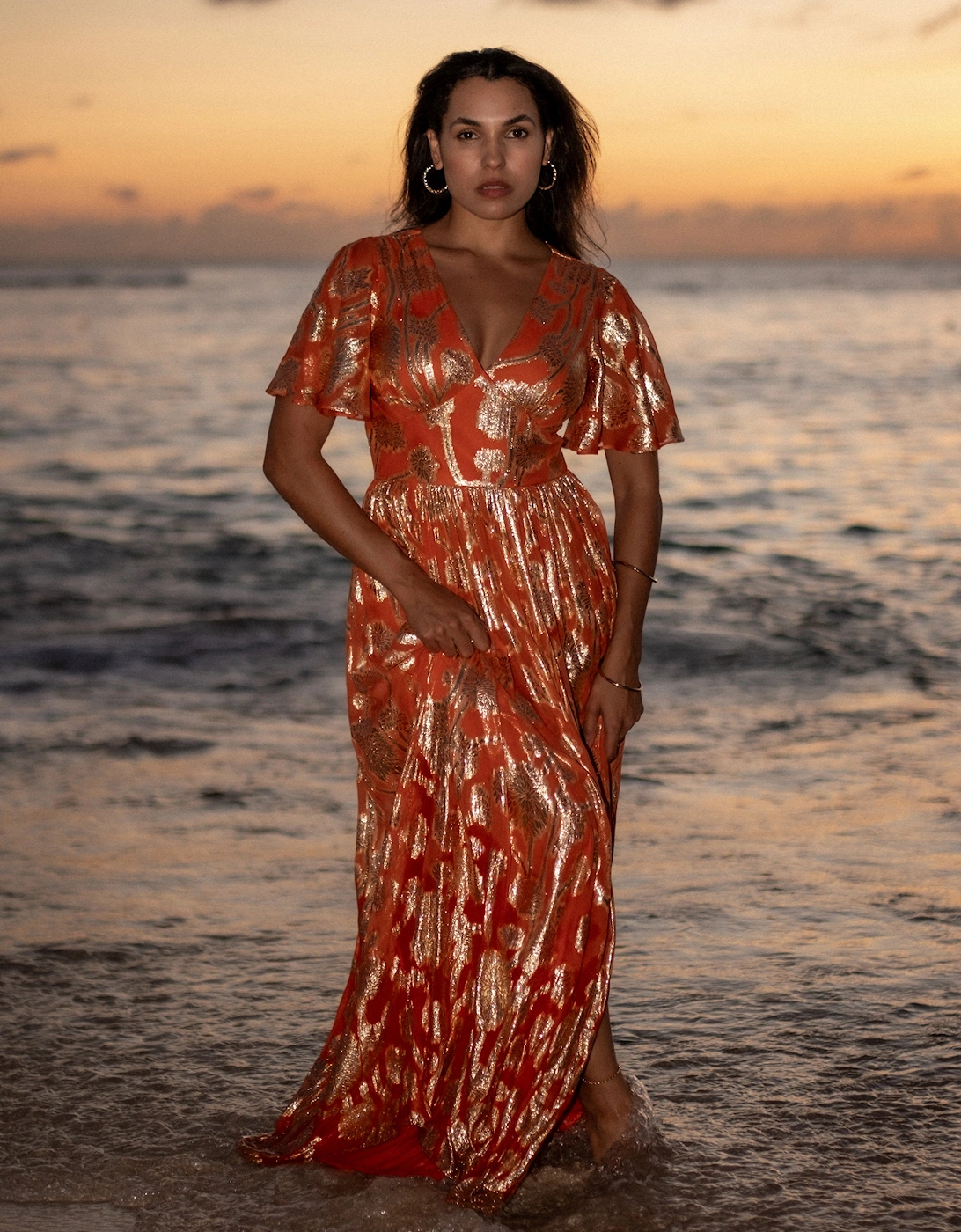 Gini London Women's Orange Metallic Jacquard Flutter Sleeves Floral Maxi Dress - Size 14