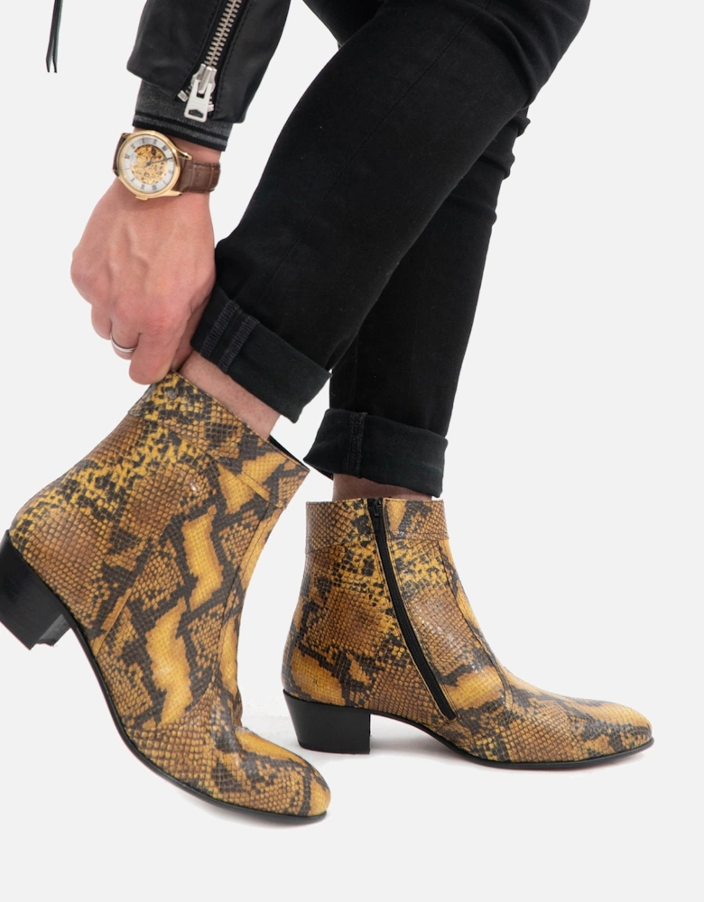 EMMANUEL Mens Snakeprint Leather Cuban Heel Boots Amarillo