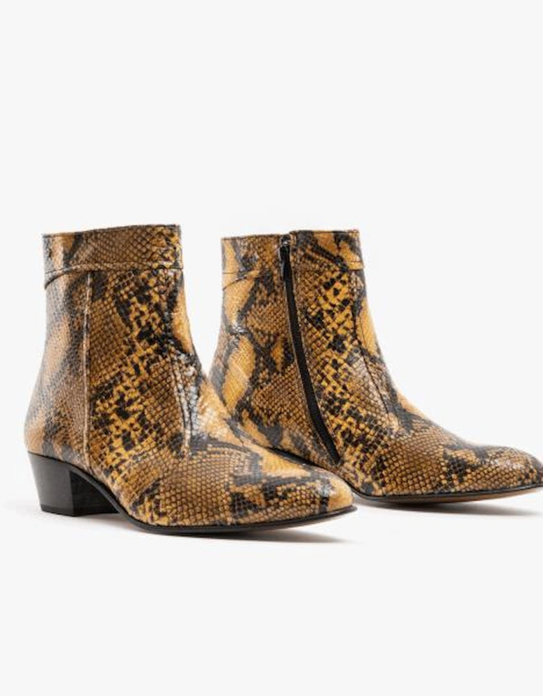 EMMANUEL Mens Snakeprint Leather Cuban Heel Boots Amarillo