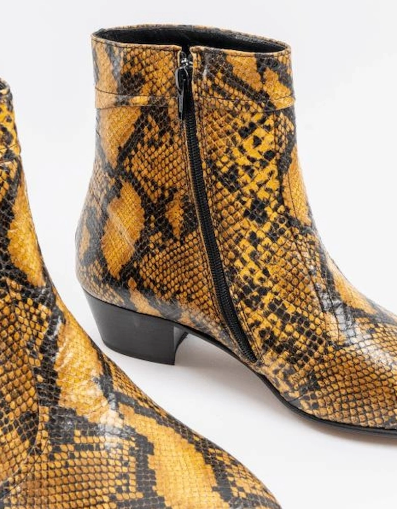 EMMANUEL Mens Snakeprint Leather Cuban Heel Boots Amarillo