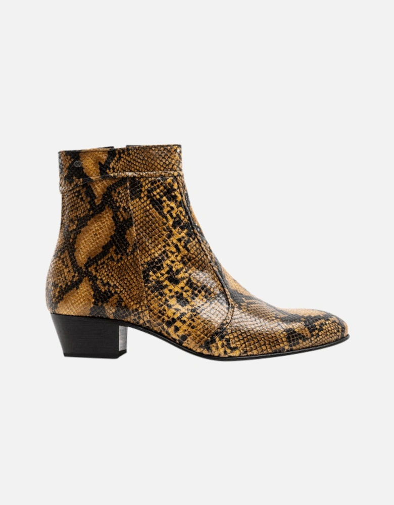 EMMANUEL Mens Snakeprint Leather Cuban Heel Boots Amarillo
