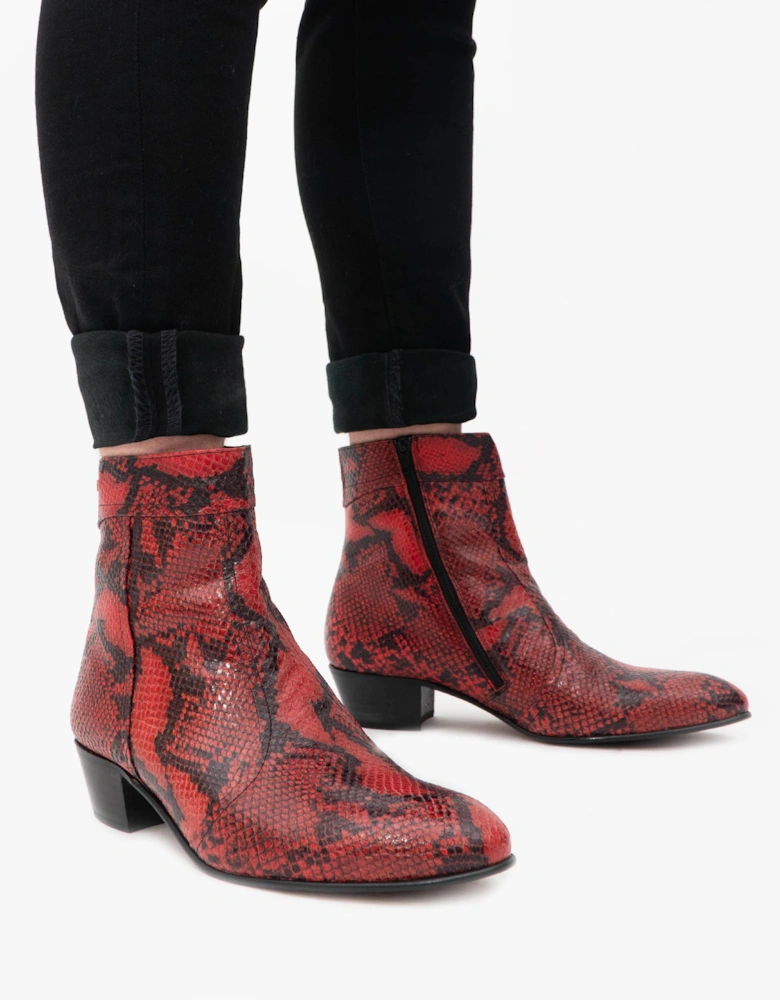 EMMANUEL Mens Snakeprint Leather Cuban Heel Boots Fuego