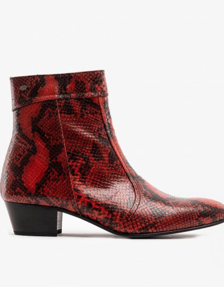 EMMANUEL Mens Snakeprint Leather Cuban Heel Boots Fuego