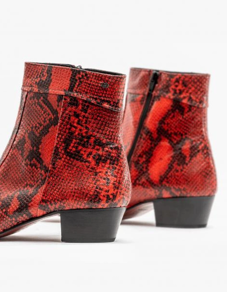 EMMANUEL Mens Snakeprint Leather Cuban Heel Boots Fuego