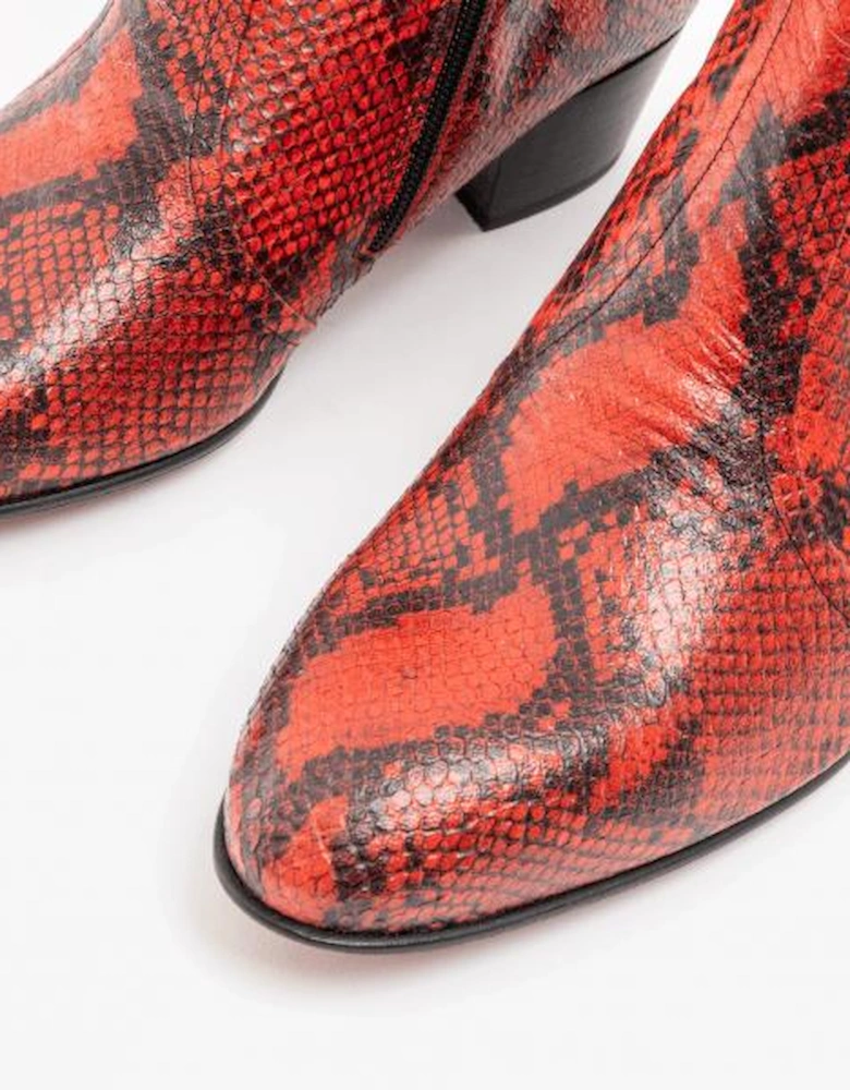 EMMANUEL Mens Snakeprint Leather Cuban Heel Boots Fuego