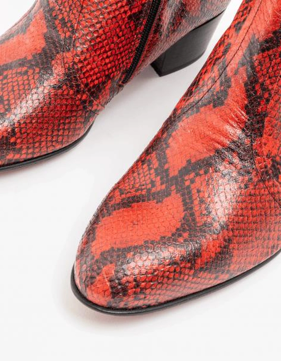 EMMANUEL Mens Snakeprint Leather Cuban Heel Boots Fuego