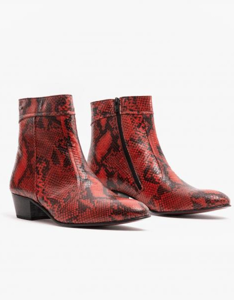 EMMANUEL Mens Snakeprint Leather Cuban Heel Boots Fuego