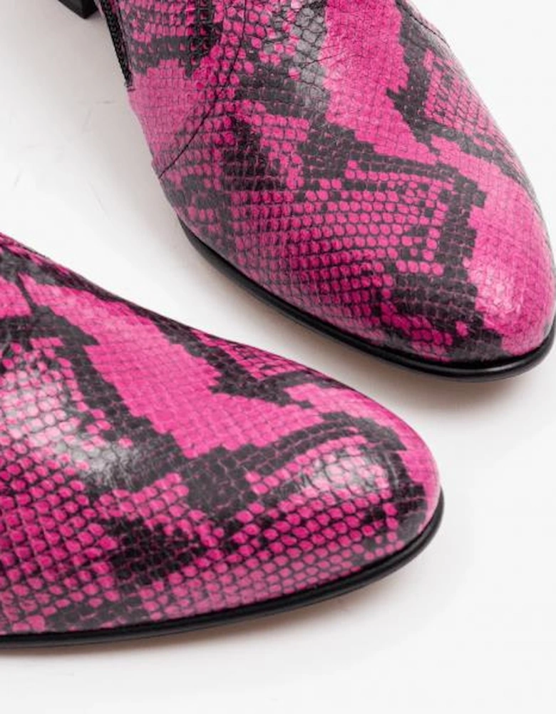EMMANUEL Mens Snakeprint Leather Cuban Heel Boots Neon Magenta