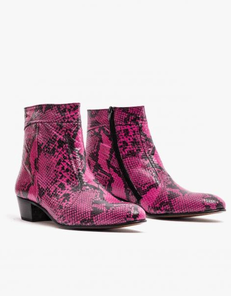 EMMANUEL Mens Snakeprint Leather Cuban Heel Boots Neon Magenta