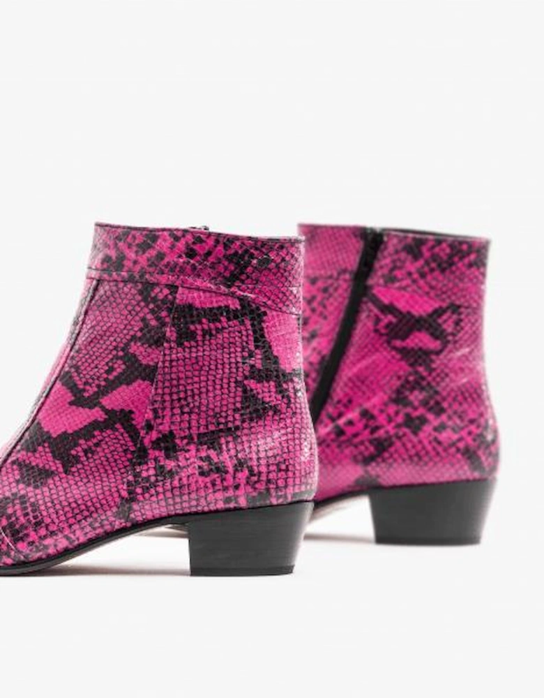 EMMANUEL Mens Snakeprint Leather Cuban Heel Boots Neon Magenta