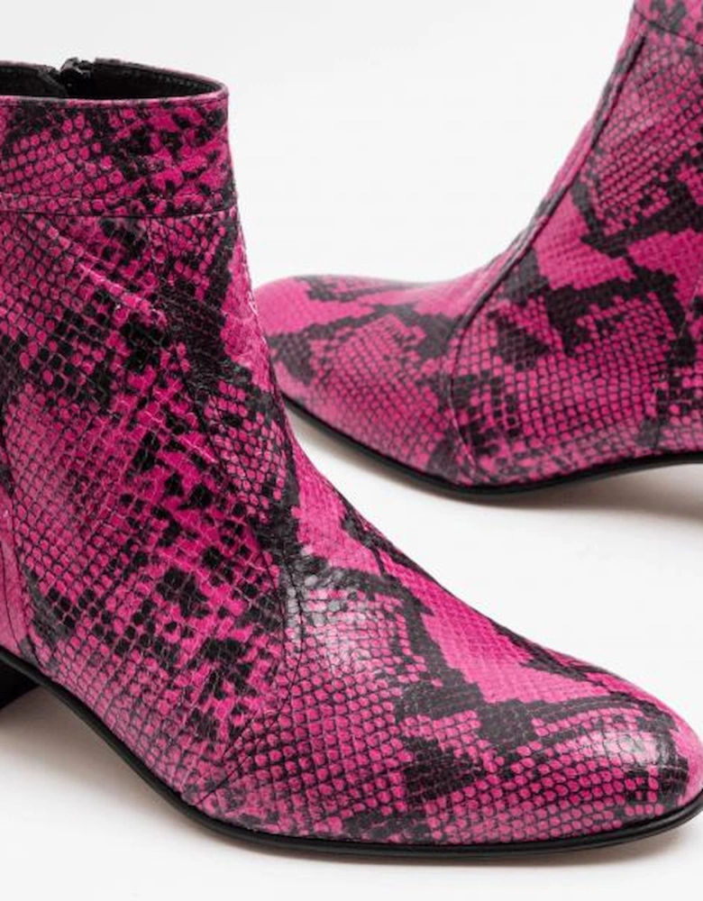 EMMANUEL Mens Snakeprint Leather Cuban Heel Boots Neon Magenta