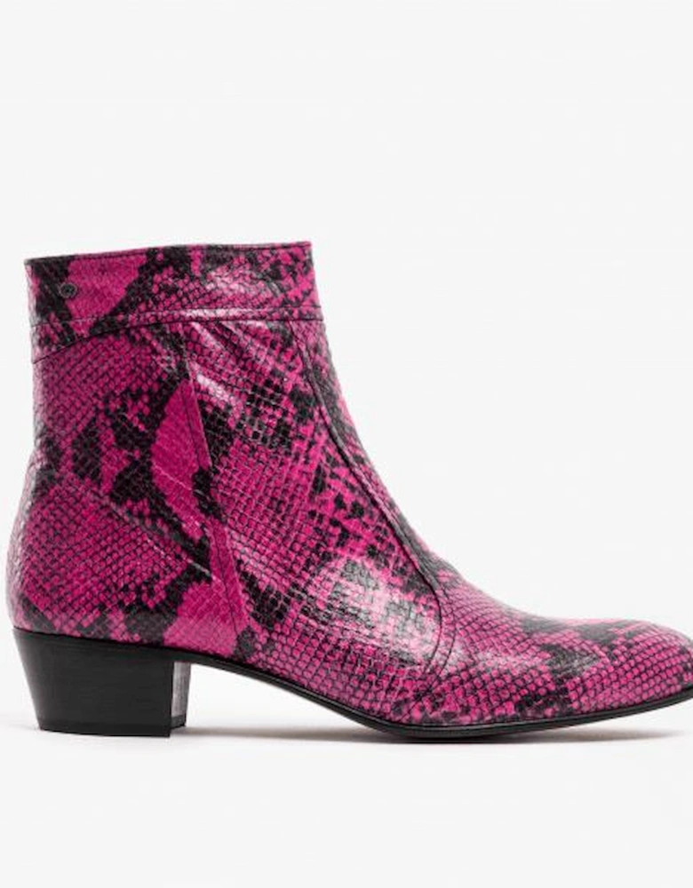EMMANUEL Mens Snakeprint Leather Cuban Heel Boots Neon Magenta
