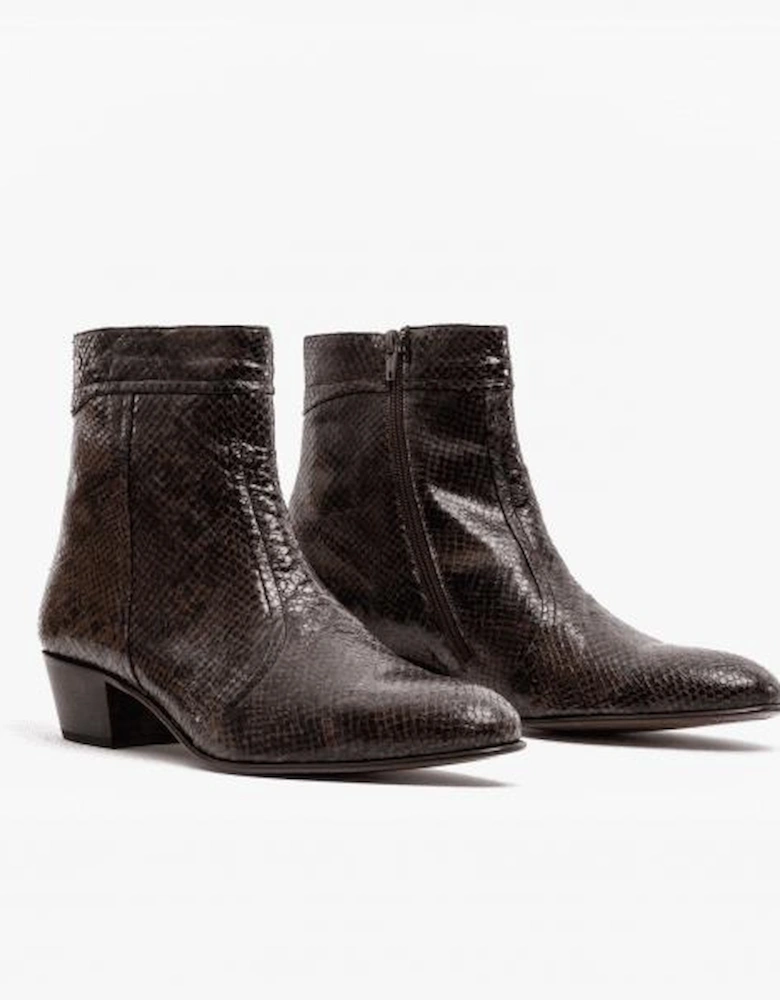 EMMANUEL Mens Snakeprint Leather Cuban Heel Boots Vison