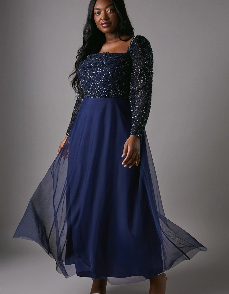 Plus Size Sequin Long Sleeve Corset Tulle Bridesmaids Dress
