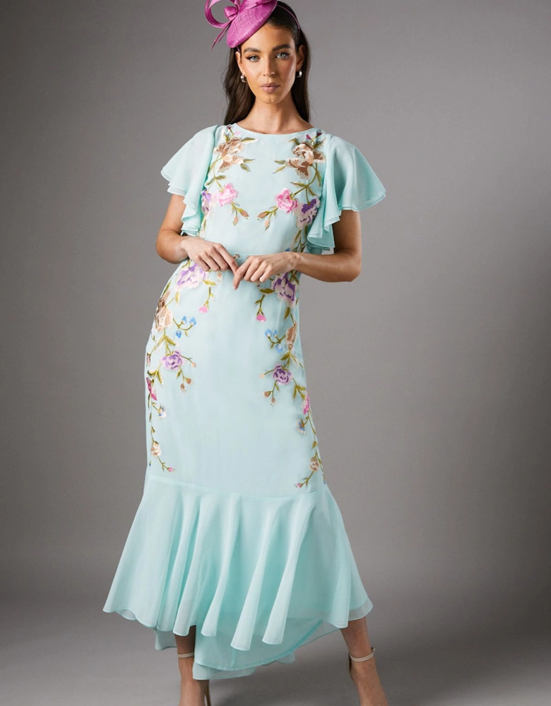 Embroidered Flutter Sleeve Midi Dress
