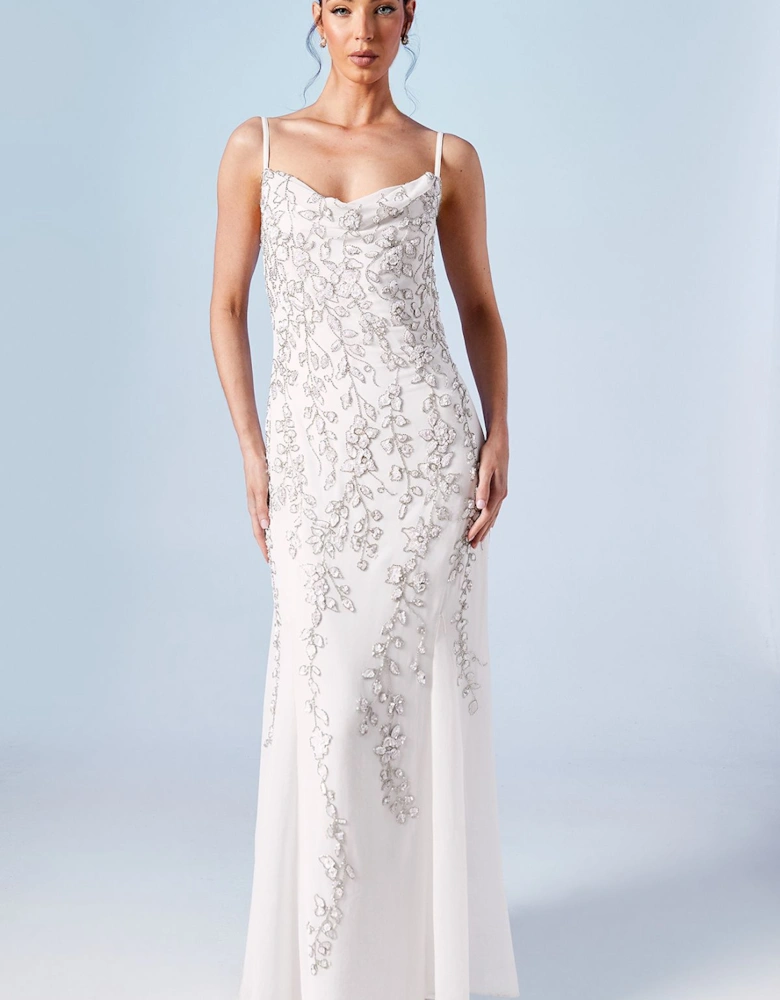 Boho Cowl Neck Trailing Floral Embellished Fishtail Wedding Dress