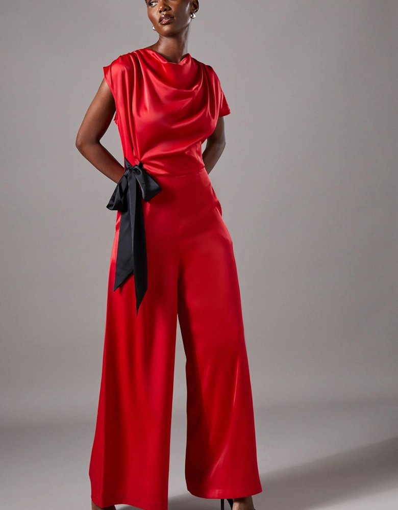 Tie Side Satin Drape Wide Leg Jumpsuit