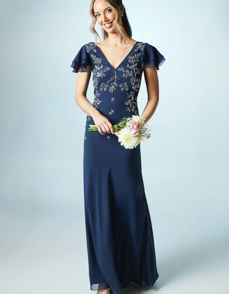Trailing floral Tie Back Embellished Bridesmaids Dress