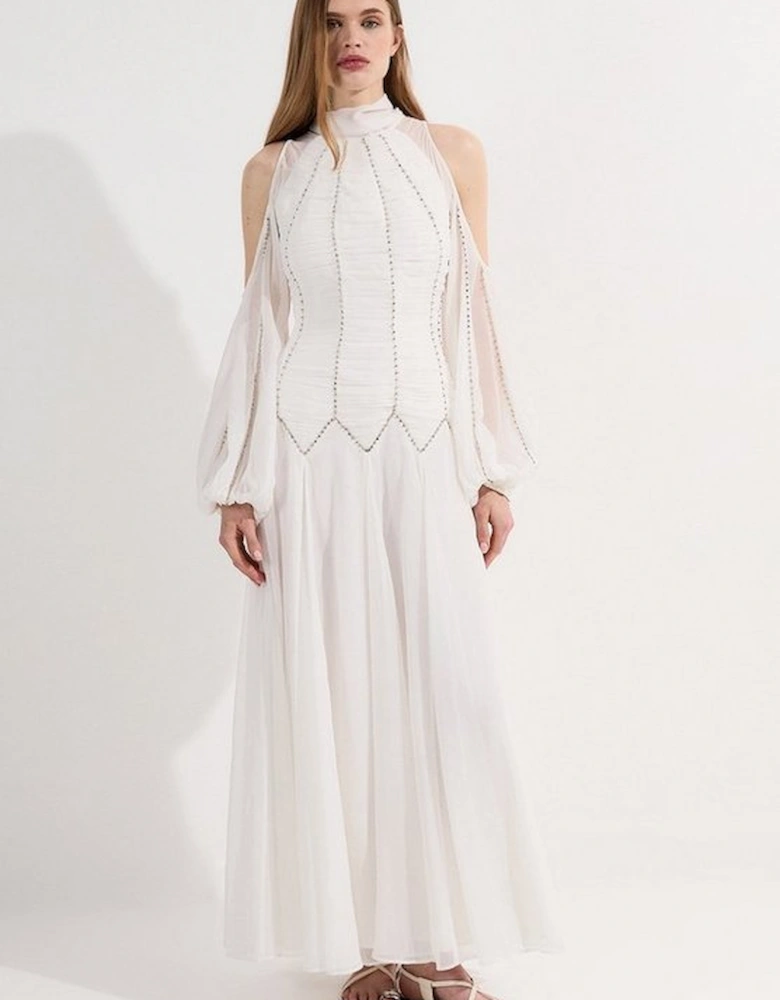 Tall High Neck Embellished Ruched Georgette Woven Maxi Dress