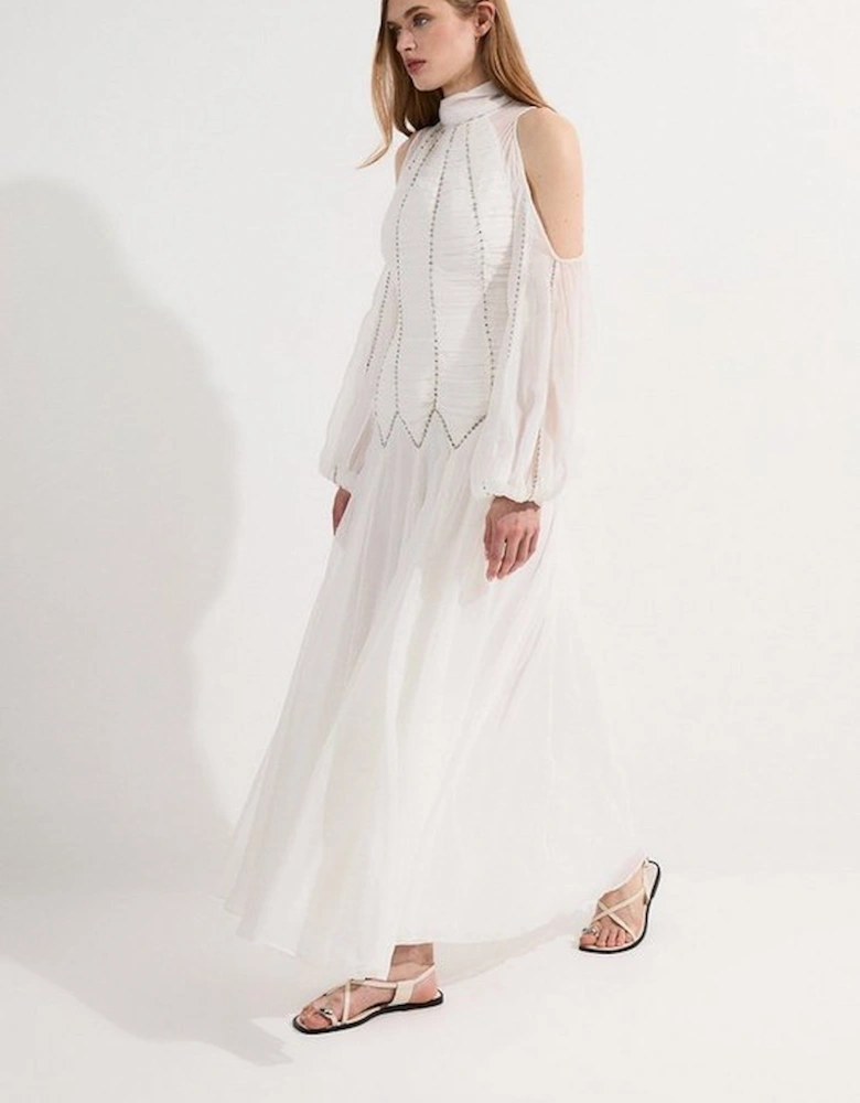 Tall High Neck Embellished Ruched Georgette Woven Maxi Dress