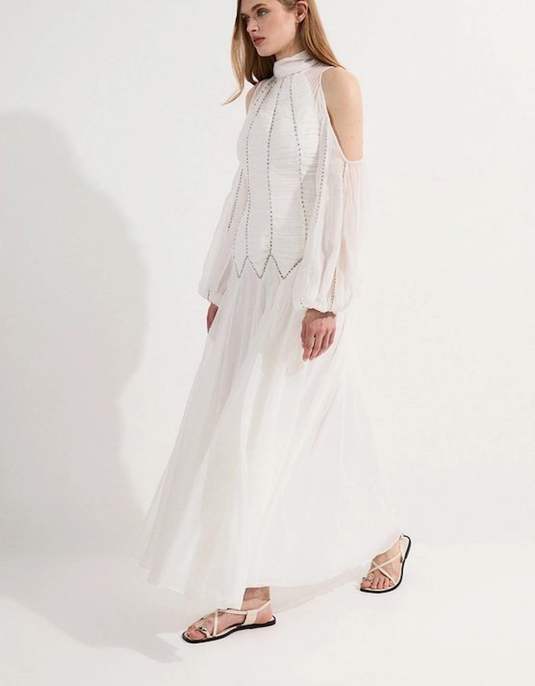 Tall High Neck Embellished Ruched Georgette Woven Maxi Dress, 4 of 3