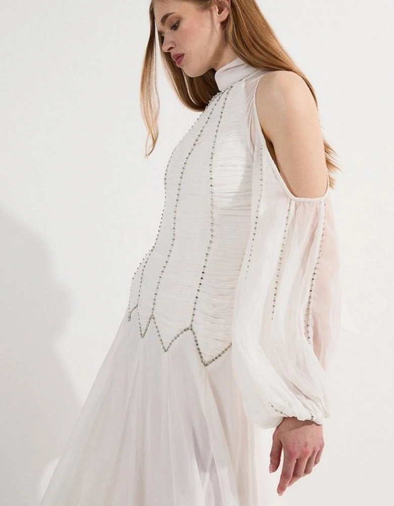 Tall High Neck Embellished Ruched Georgette Woven Maxi Dress
