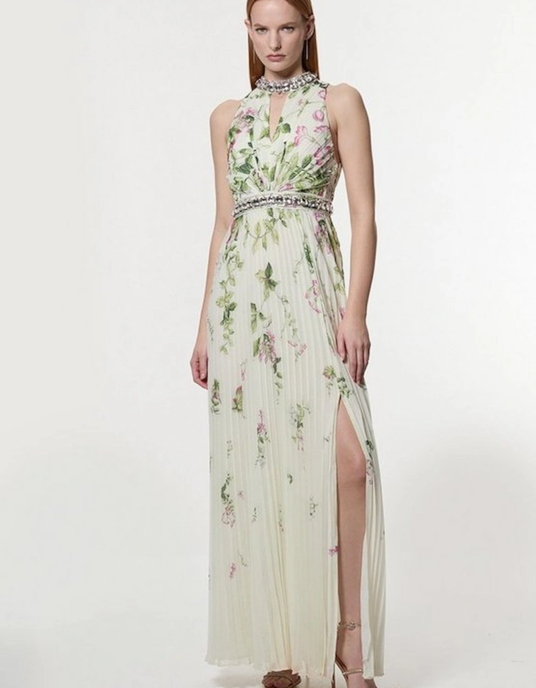 Floral Halter Diamante Enamel Trim Woven Pleated Split Maxi Dress