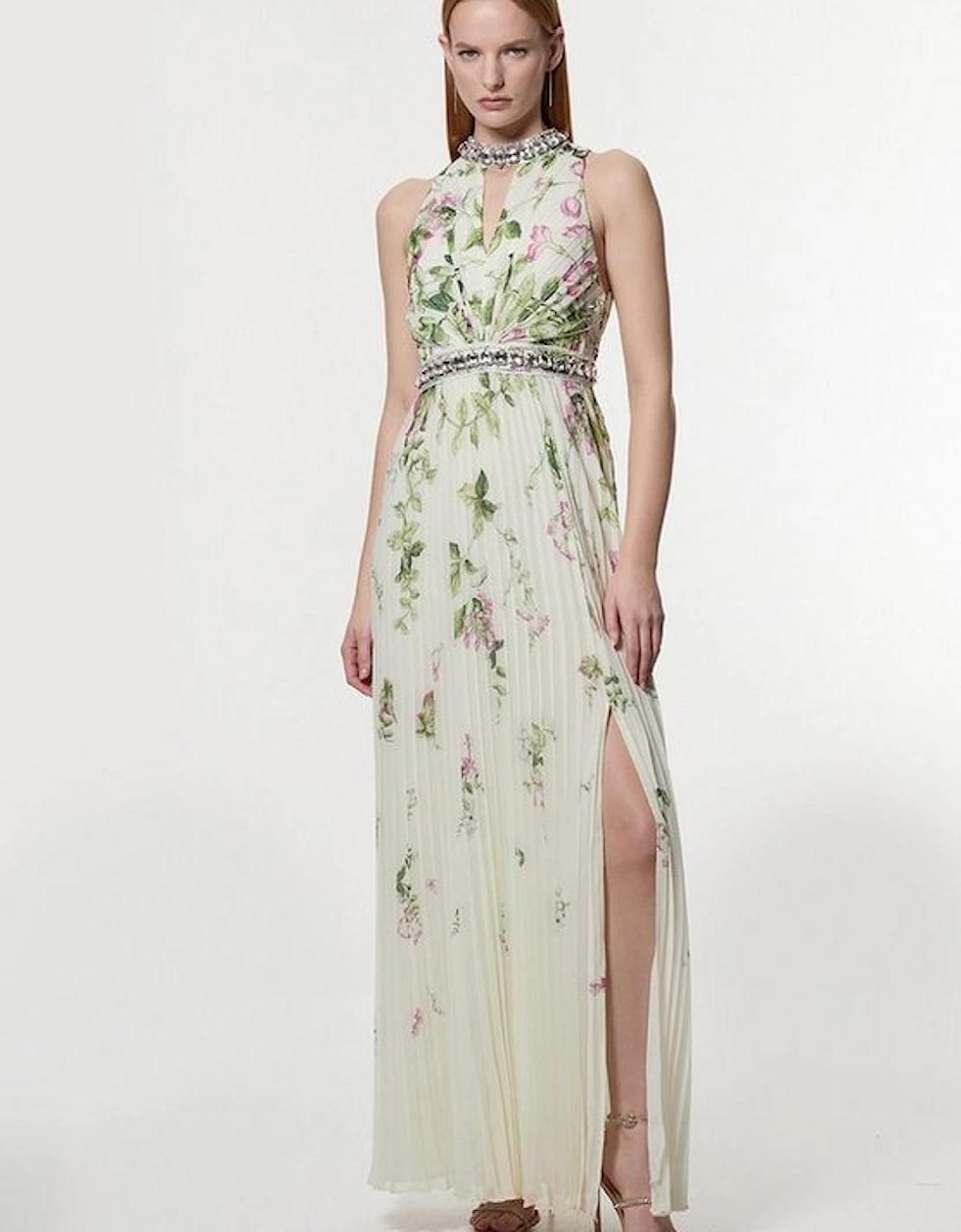 Floral Halter Diamante Enamel Trim Woven Pleated Split Maxi Dress