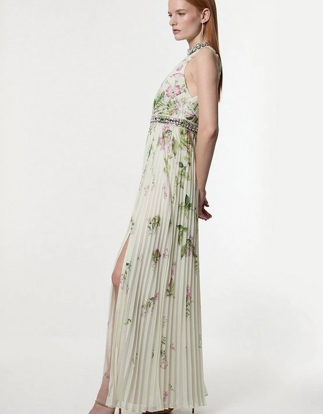 Floral Halter Diamante Enamel Trim Woven Pleated Split Maxi Dress, 5 of 4