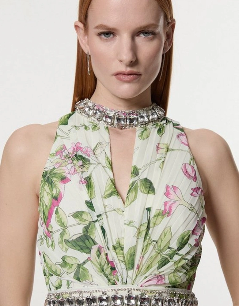 Floral Halter Diamante Enamel Trim Woven Pleated Split Maxi Dress