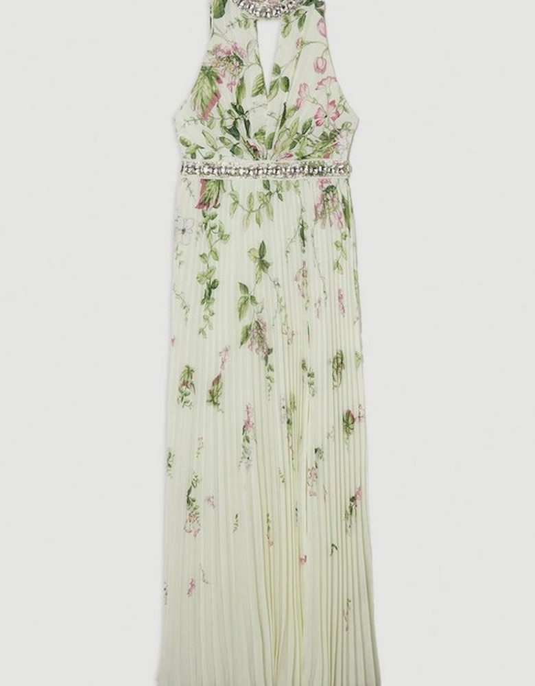 Floral Halter Diamante Enamel Trim Woven Pleated Split Maxi Dress