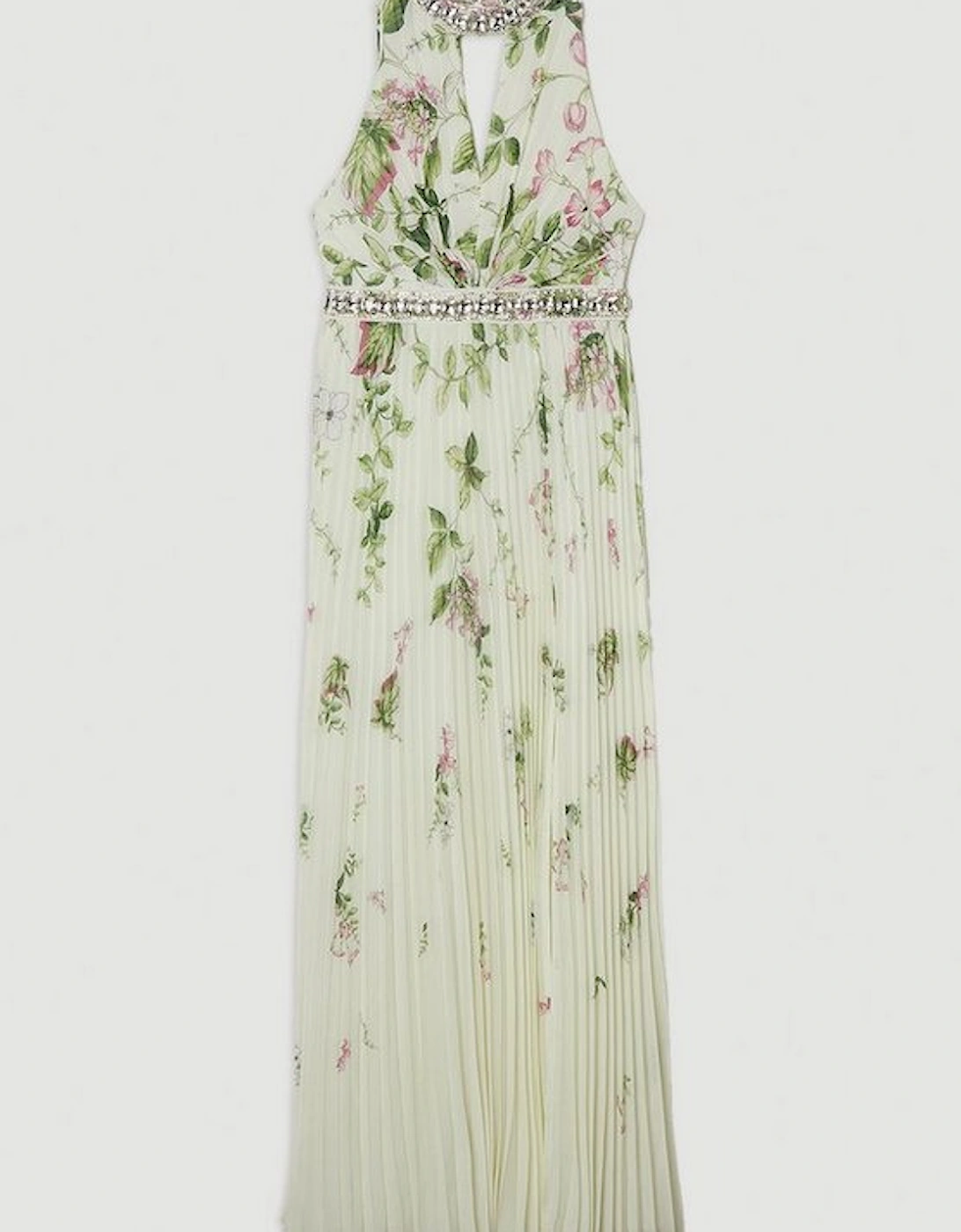 Floral Halter Diamante Enamel Trim Woven Pleated Split Maxi Dress