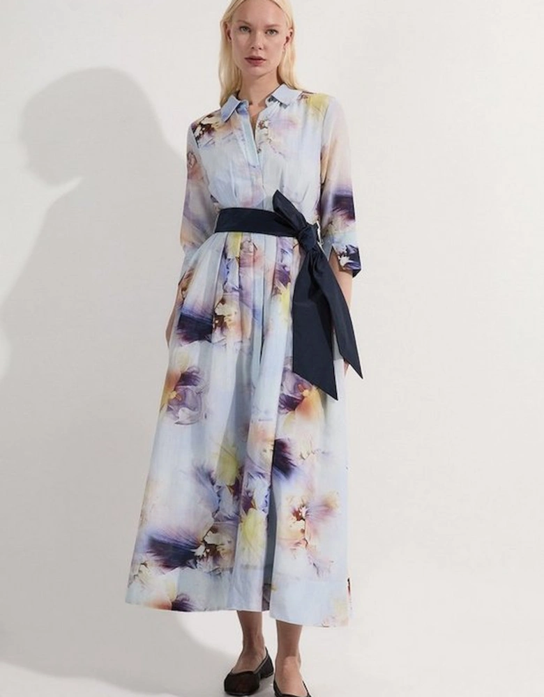 Spring Floral Silk Cotton Woven Shirt Dress