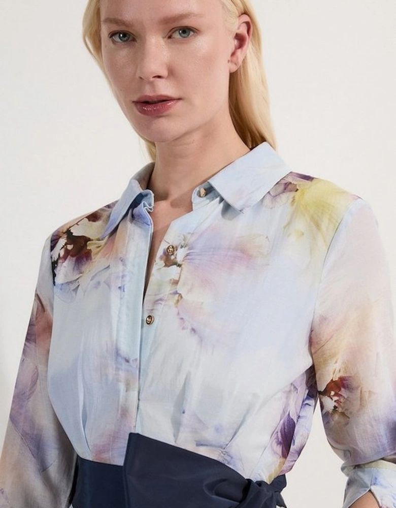 Spring Floral Silk Cotton Woven Shirt Dress