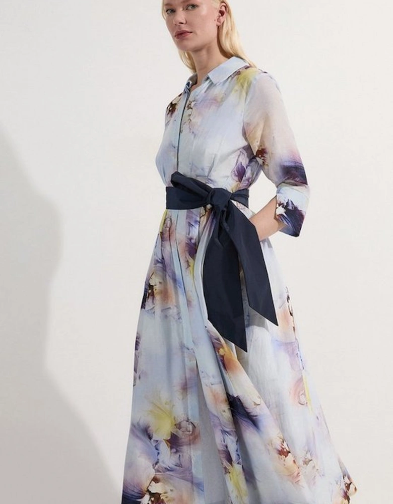 Spring Floral Silk Cotton Woven Shirt Dress
