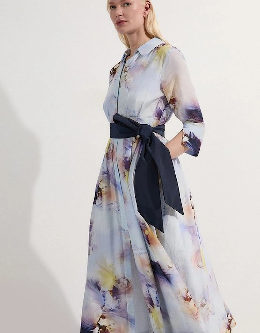 Spring Floral Silk Cotton Woven Shirt Dress
