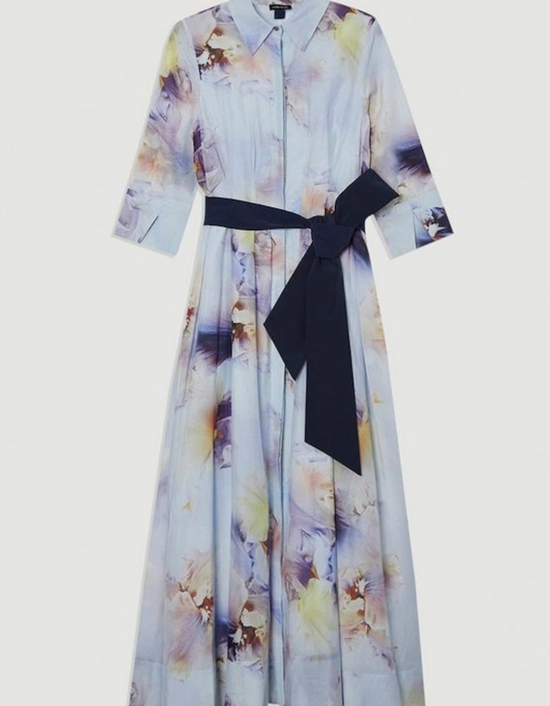Spring Floral Silk Cotton Woven Shirt Dress