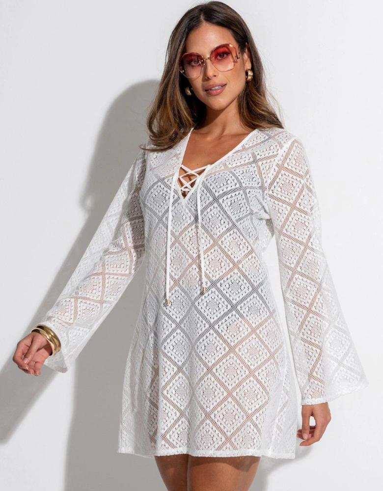 Crochet Lace Long Sleeve Beach Cover Up