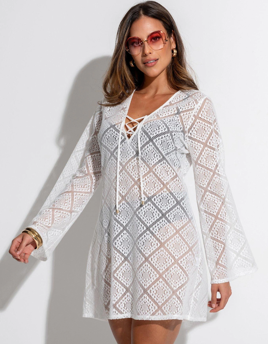 Crochet Lace Long Sleeve Beach Cover Up, 2 of 1