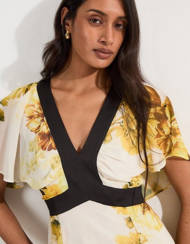 Pleated Floral Godet Pannell Woven Midi Dress