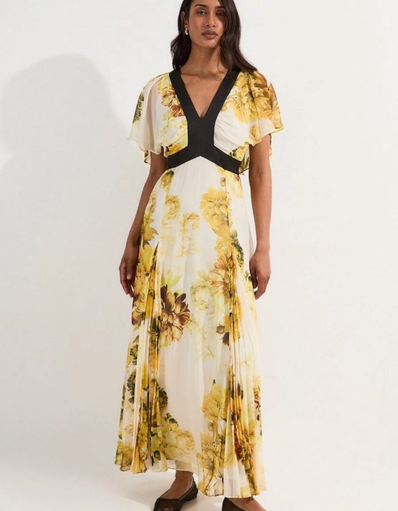 Pleated Floral Godet Pannell Woven Midi Dress