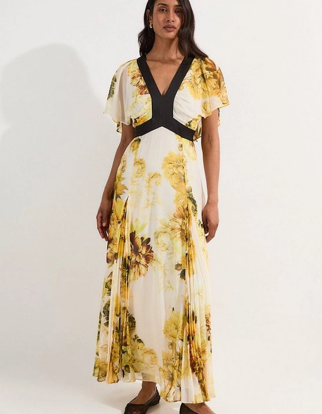 Pleated Floral Godet Pannell Woven Midi Dress