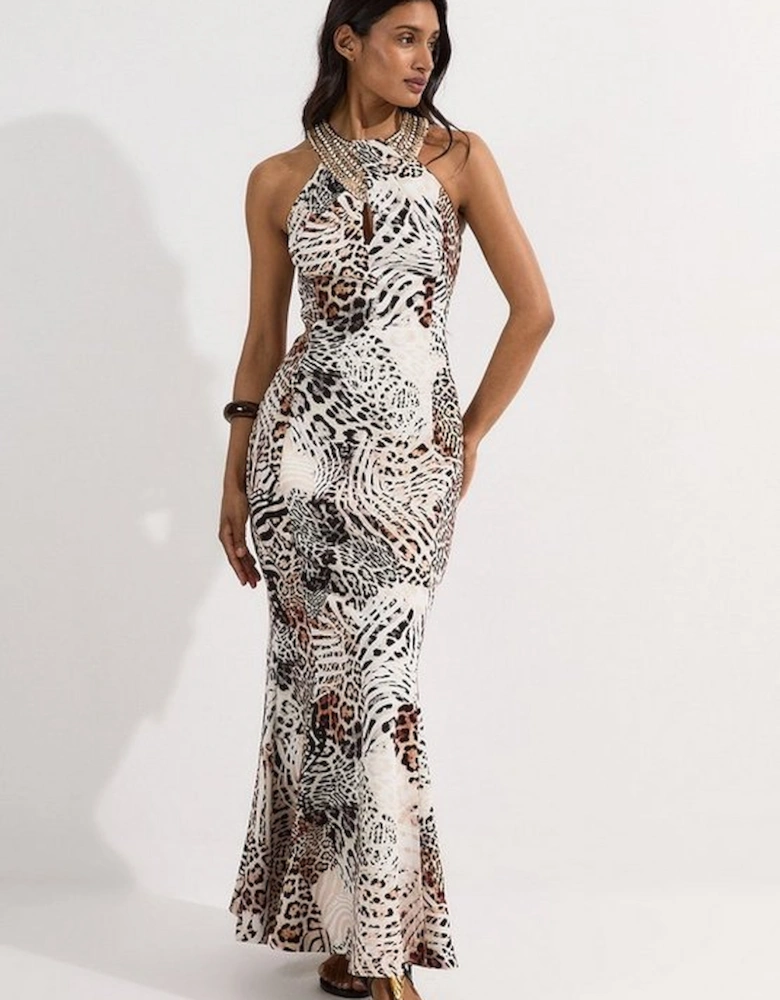 Petite Leopard Viscose Woven Maxi Dress With Gold Chain Neck Detail